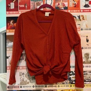 COZY TIE FRONT WAFFLE KNIT SWEATER
